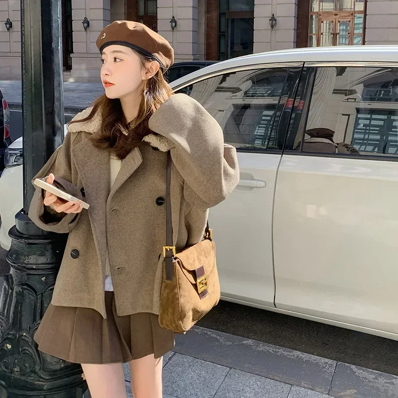 

Wholesale lamb wool collar short woolen coat women's autumn and winter small foreign style age reduction loose thickened woolen