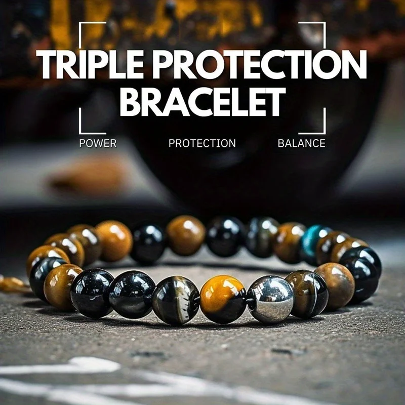 1pc Triple Protection Bracelet Black Tourmaline, Tiger eye, Hematite Round Bead Bracelet, For - Power, Protection, Balance