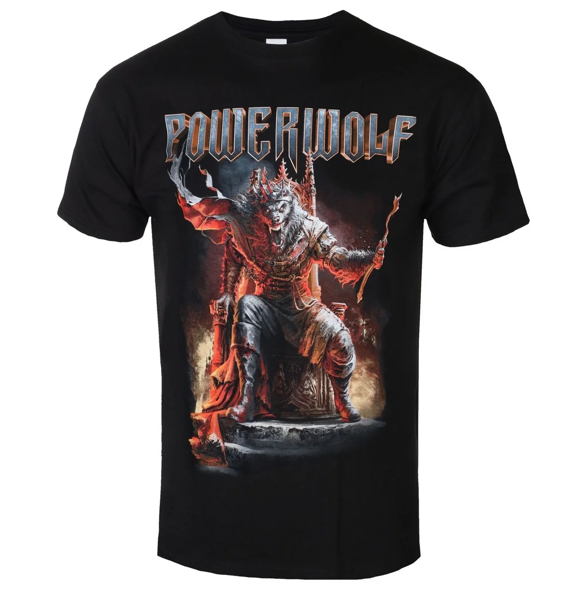 Powerwolf Band Double Sided Wake Up The Wicked Crown King Wolf on Stone Throne Scepter Dark Epic Oil Painting Graphic Tee