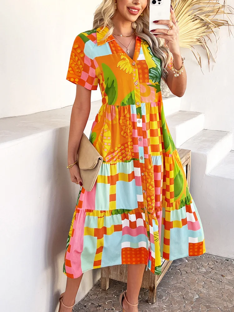 Sukienka koszulowa damska na lato 2025, w stylu boho, z wysokim stanem, kontrastowymi kolorami, modna, zapinana na guziki, z krótkim rękawem, na wakacje, codzienna, midi.