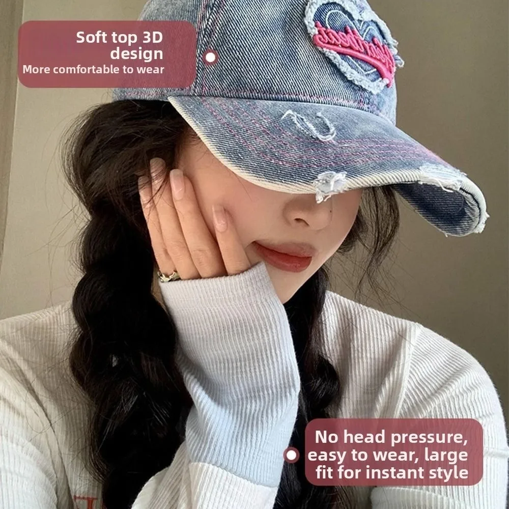 

Fashionable Vintage Baseball Cap Wide Brim Denim Duckbill Cap Love-themed Pattern Embroidery Denim Hat for Women Girls