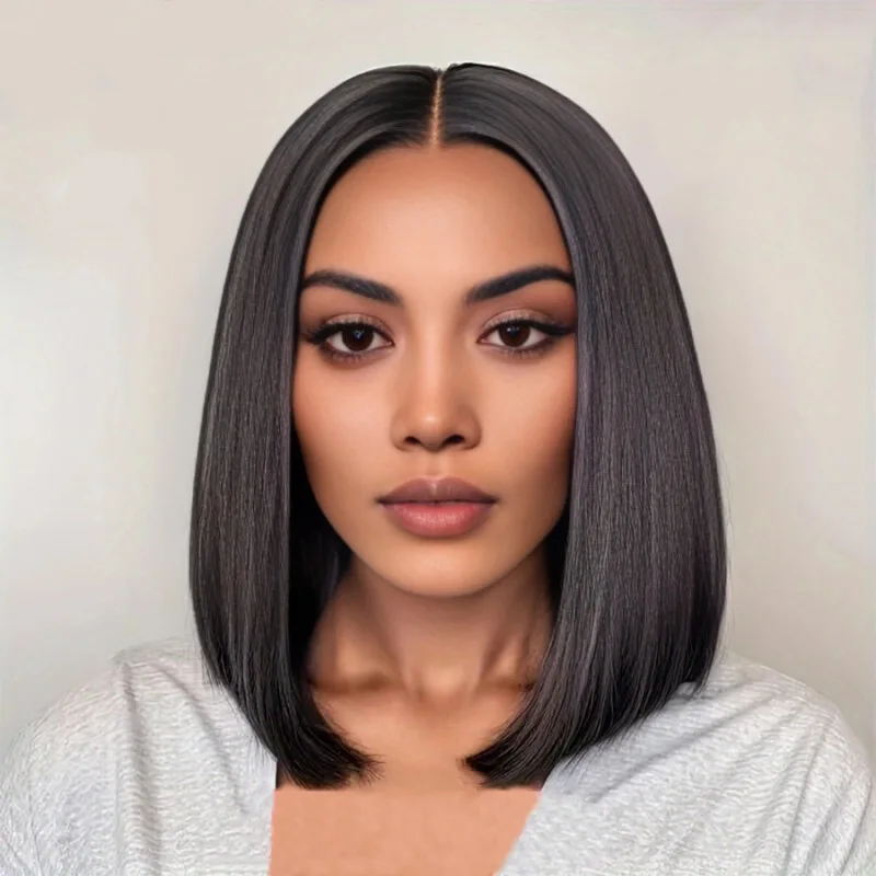 Hot-selling synthetic wig for women, black, realistic middle-parted bob cut, shoulder-length short hair, full headpiece