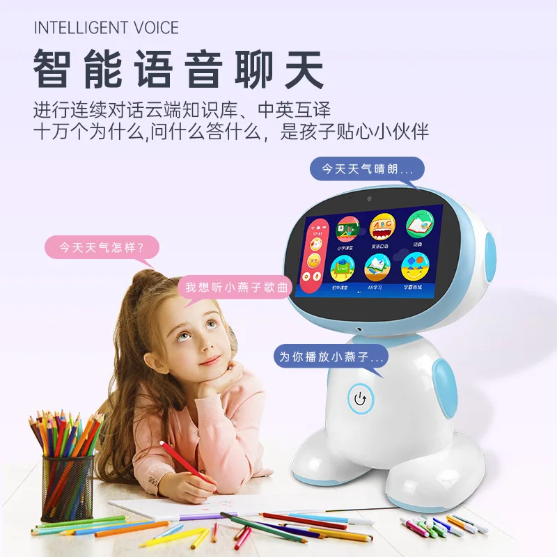 Robô de sistema duplo com tela de sete polegadas, educação pré-escolar, dialogo de voz inteligente
