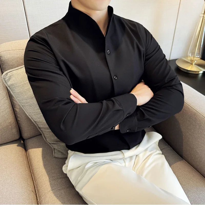 2024 New Sexy V-neck Shirt Men Long Sleeve Solid Slim Fit Casual Business Dress Shirt Social Party Tuxedo Blouse Plus Size 4XL-M
