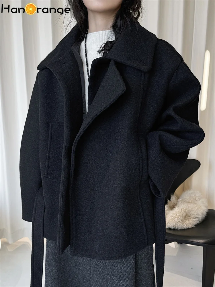 HanOrange 2026 Winter Single Sided Blend Coat Women with Belt Double Layer Front Placket Warm Coat Black/Coffee