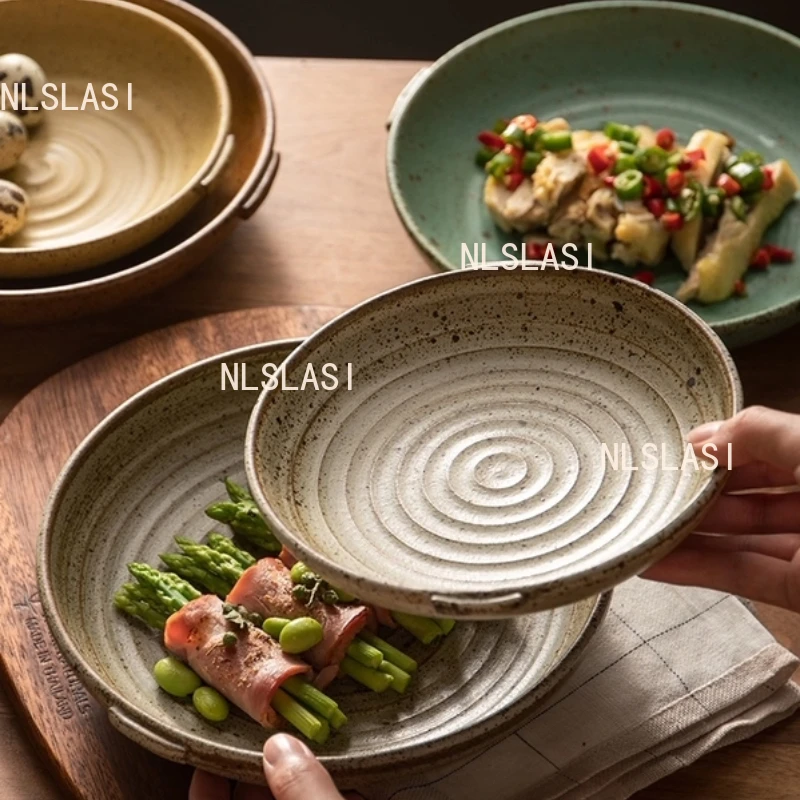 

Круглая десертная тарелка с двойным ухом, бытовая глубокая тарелка в японском стиле, керамическая тарелка для суши, бытовая посуда