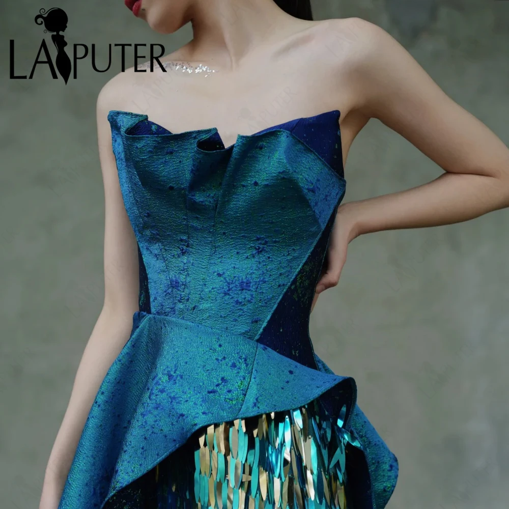 Lake Blue Jacquard Satin Evening Dresses Sparkle Sequin Tassels Semi A line Prom Gown Peplum Celebrity Dress New Design 2024