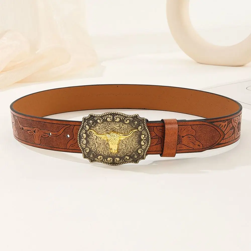 Mens Western Cowboy Belt PU Leather Waist Belt Bull Pattern Vintage Wide Buckle Belt Waistband
