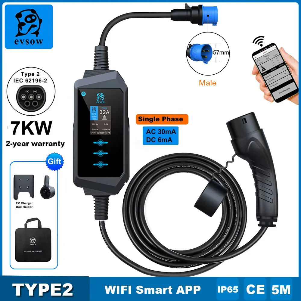 

evsow Type2 EV Charger With WIFI APP Control Adjustable Current&Set Charging Time 7KW 32A 1P Portable Electric Car Charger EVES