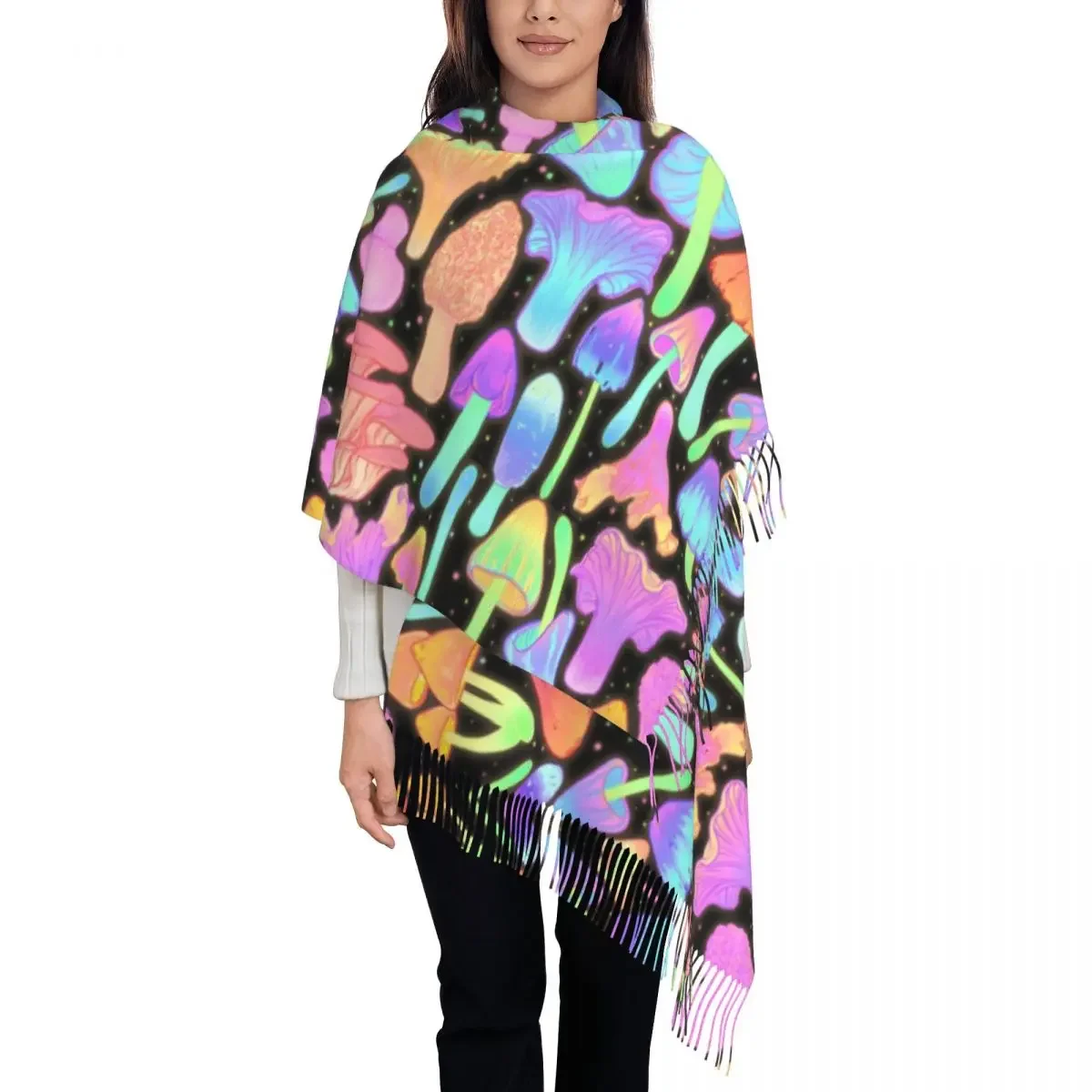 Spooky Mushroom Hunt Neon Scarf Women Men Luxury Winter Shawl Wraps Psychedelic Magic Tassel 