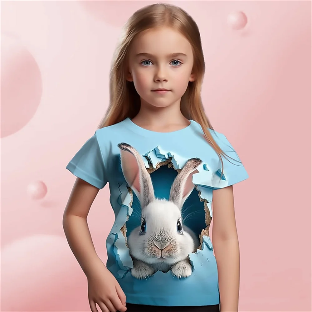 2025 camiseta con estampado 3d de conejo Animal para niñas, camisetas bonitas para niñas, camiseta de regalo para niños, camiseta informal de manga corta, ropa para niños