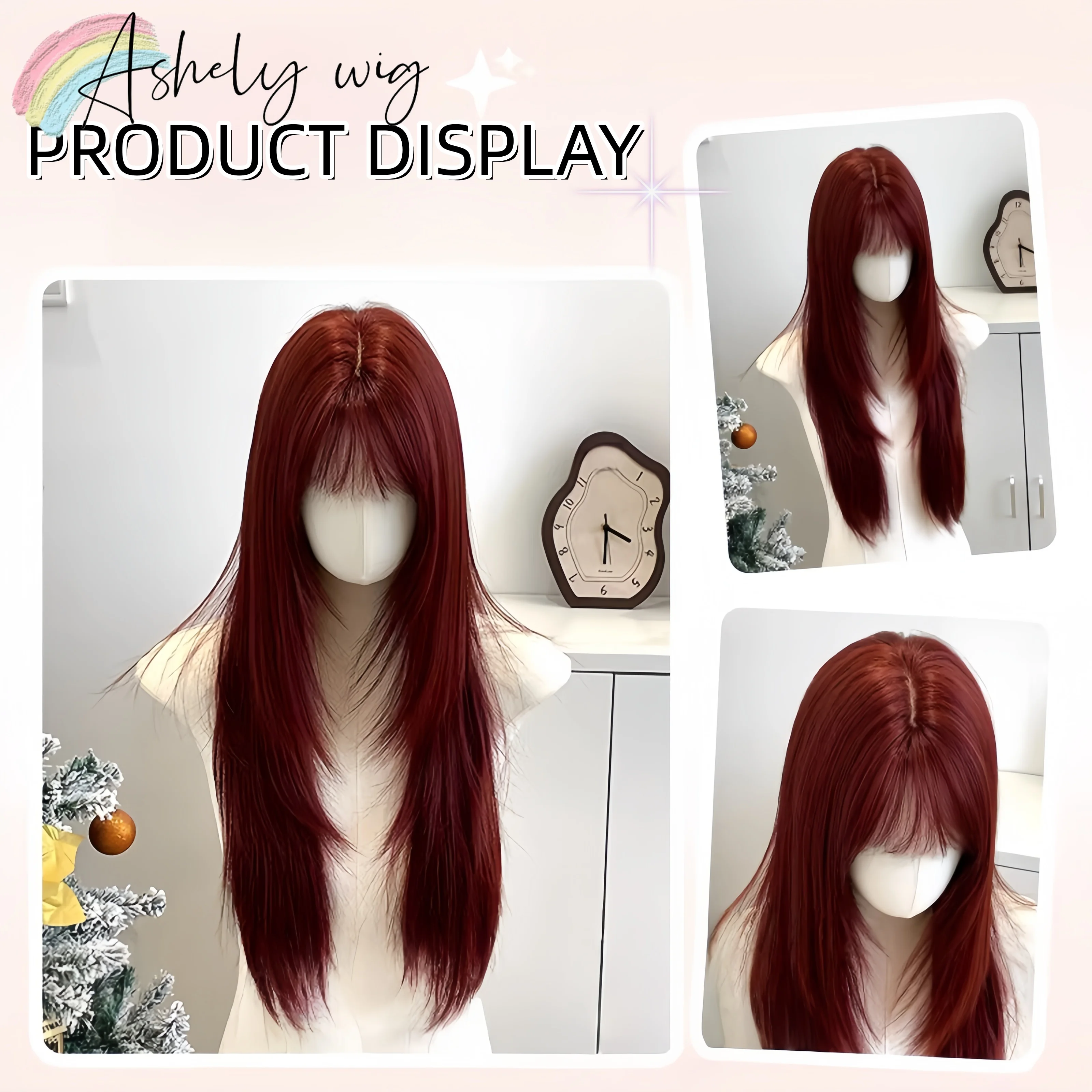 Ashely Red Wig with Bangs 26inch Layered Straight Hair Synthetic Wigs Nature Women's Wig Cosplay Wigs Ladies Carnival 가발 Парик