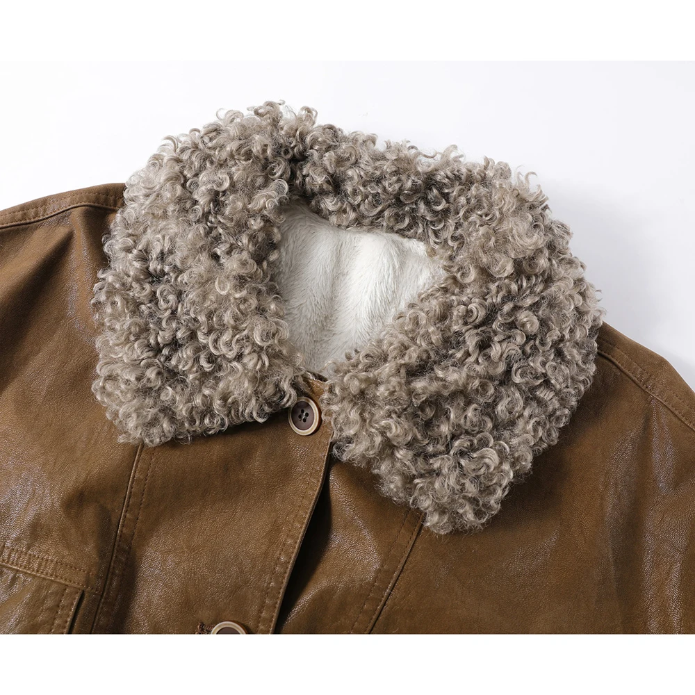 Jaqueta feminina vintage de couro PU forrada de pele sintética casaco de inverno grande quente solto ajuste agasalhos