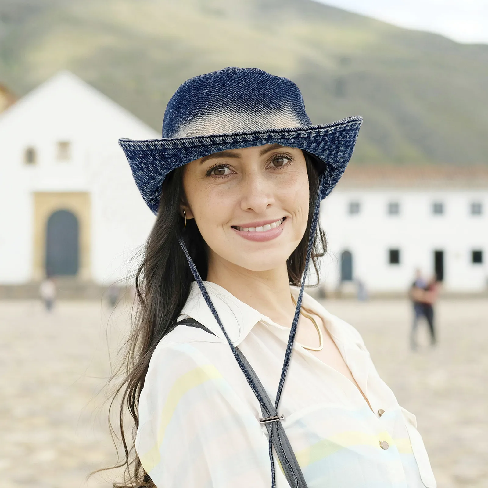 

Denim Fedora Style Bucket Hat Light Blue Collapsible Wide Brim Sun Hat for Cowgirl Cowboy Beach Outdoor Fashion Denim Fishing