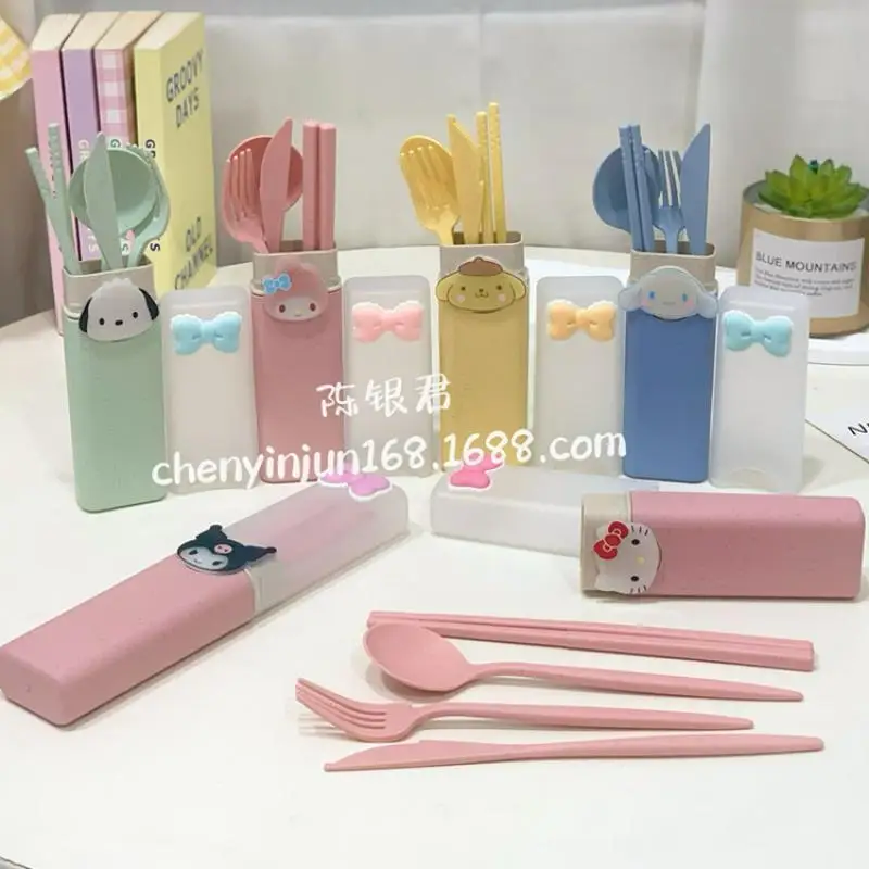 Sanrio Cute Hellokitty Mymelody Kuromi Tableware Knife Chopsticks Fork Spoon Four-piece Working Students Portable Tableware