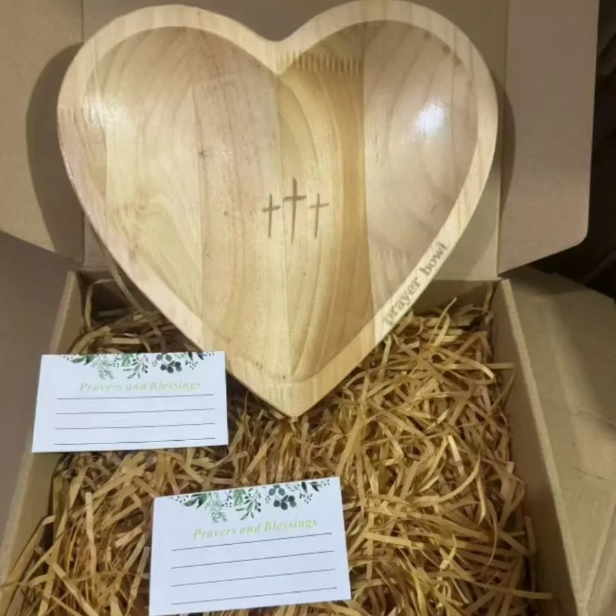

Natural Wooden 3D Heart Prayer Bowl with Cross – Handcrafted Blessing Bowl for Christian Meditation, Home Altar Spiritual Decor