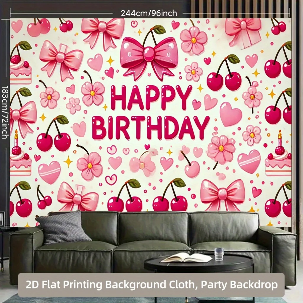 2D Background Cloth 1pc, Pink Bow and Cherry Element Background Cloth, Multifunctional Polyester Fabric Durable Background