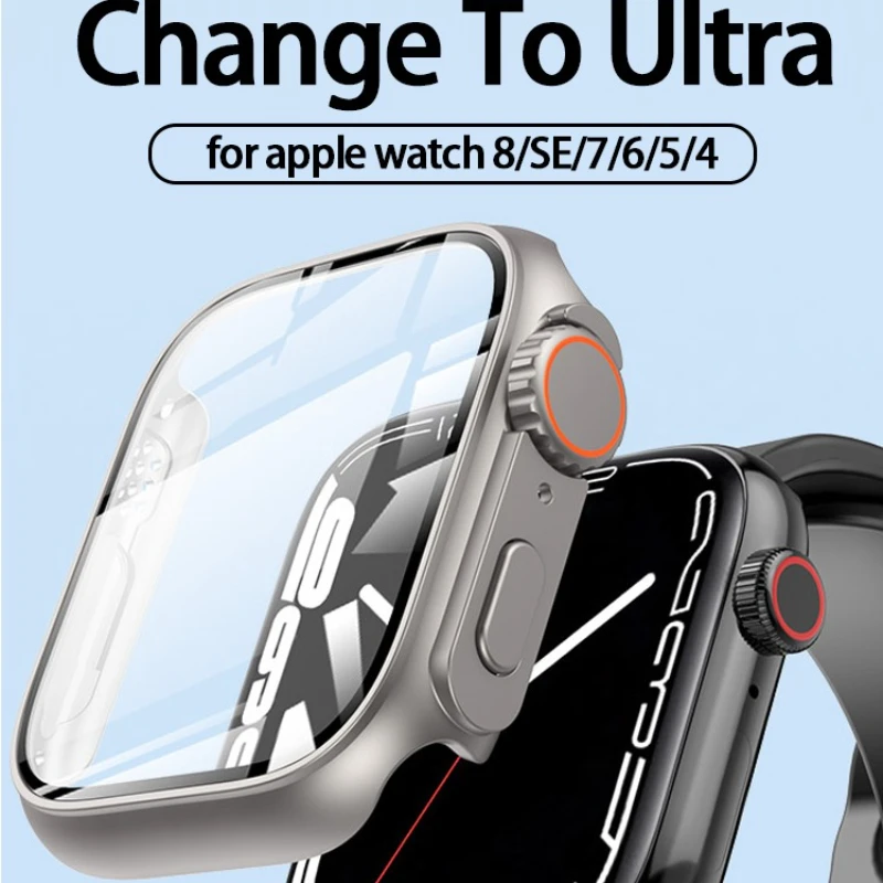 Glass+Case For Apple Watch 44mm 40mm 41 45mm Screen Protector Bumper Case Cover For iWatch Series 9 8 7 6 5 4 SE Change To Ultra