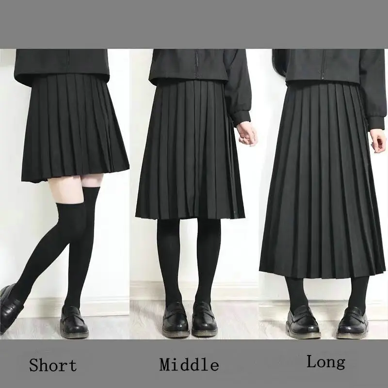 Elastic Waist Japanese Student Girls School Uniform Solid Color Suit Pleated Skirt Short/Middle/Long High School Dress