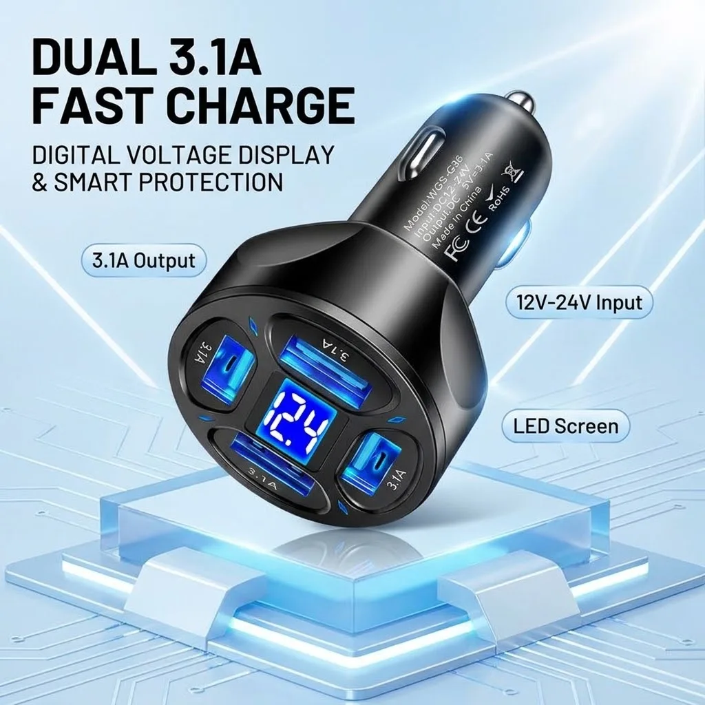 4-Port USB Car Charger With LED Voltage Display 3.1A Fast Charging Vehicle Adapter Fireproof ABS Smart Chip Multiple Protections