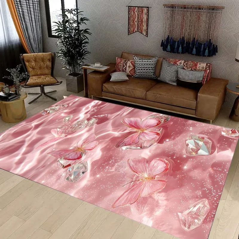 Teppich Schmetterling Rautenmuster Matte Rosa Thementeppich Glitzereffekt Wohnzimmer Bodenmatte Heimdekoration Innengebrauch Modatisierung