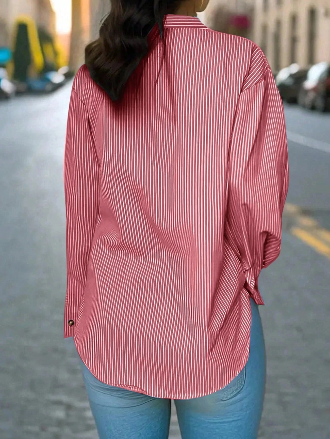 2025 Women's Autumn and Winter New European and American Casual Fashion Button Striped Long Sleeve Solid Color Shirt Women's Stand Collar Striped Stand Collar Shirt Long Sleeve Top