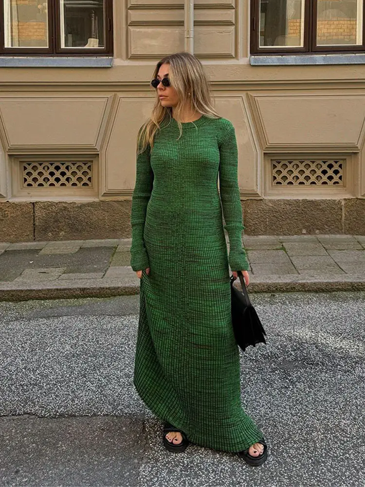 

Fashion Green Round Neck Knitted Long Dress Women Casual Long Sleeve Slim Maxi Dresses 2024 Autumn New Lady High Street Robes