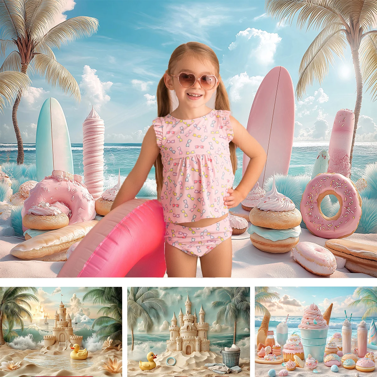 cena-de-praia-pastel-com-fundo-de-sorvete-cha-de-bebe-aderecos-de-cabine-fotografica-prancha-de-surf-palmeiras-de-verao-cenario