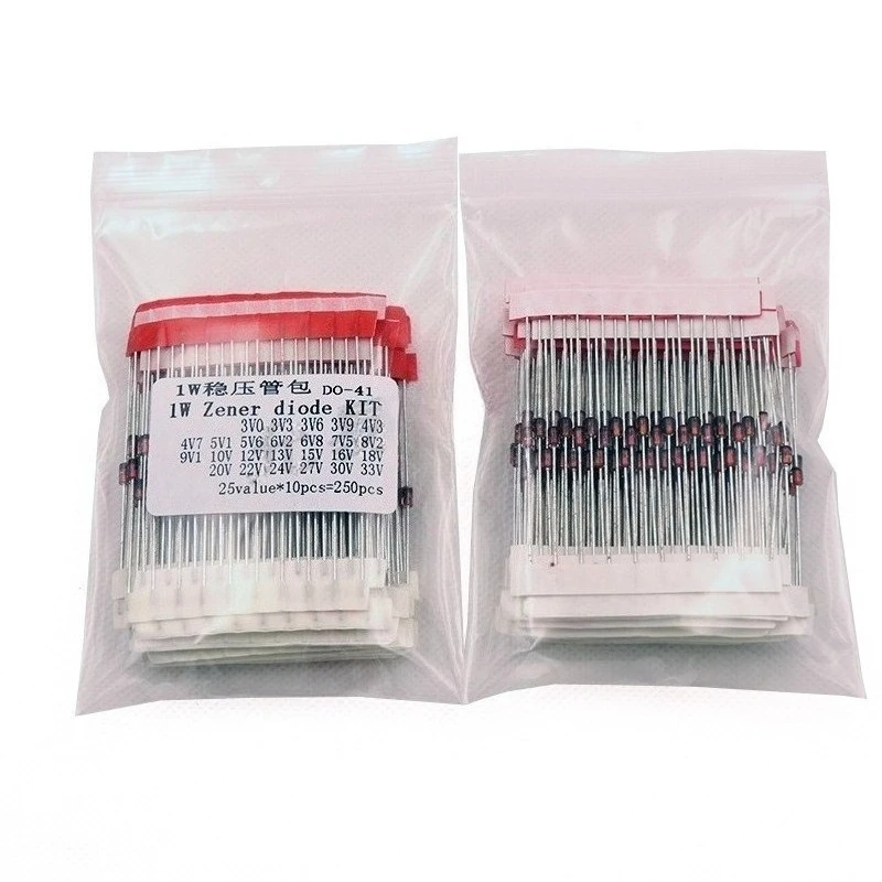 250pcs 1W Zener Diode Kit 1N47 Series DO-41 3V-33V 25 Values X10pcs Assortment