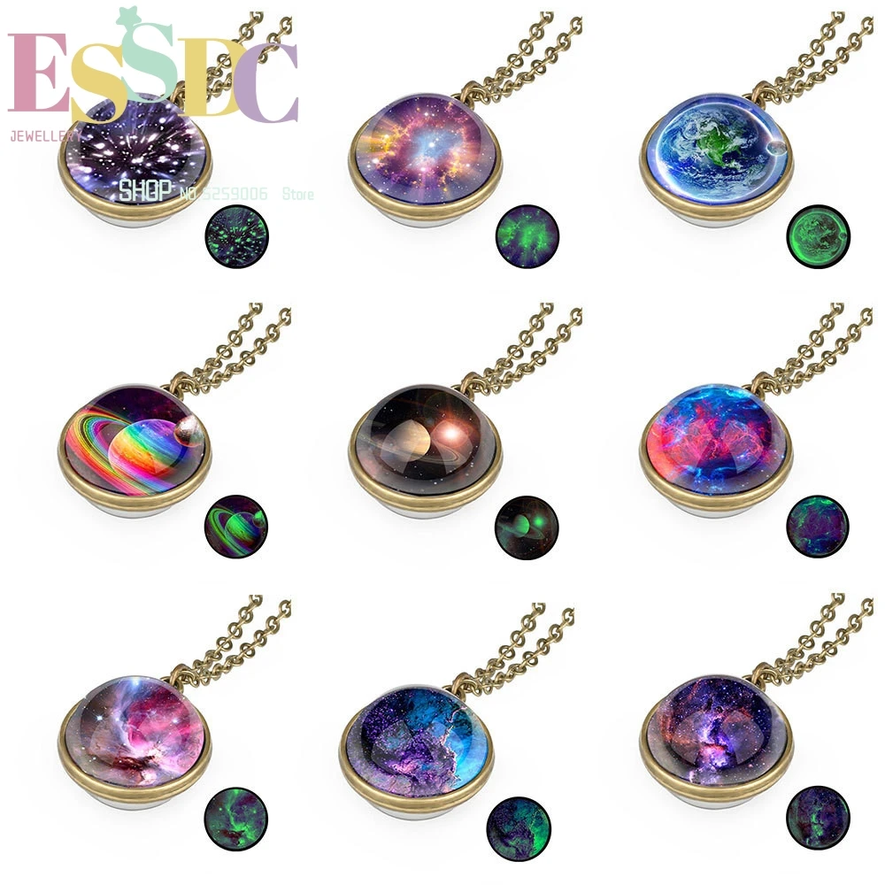 18mm Night Glow Double-sided Glass Sphere Pendant Nebula Galaxy Solar System Link Chain Necklace Universe Planet Jewelry Gift