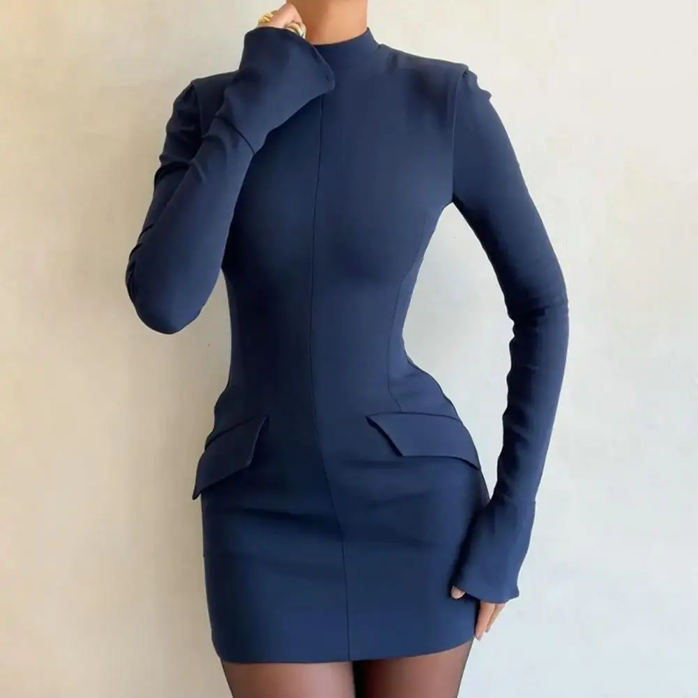 Breathable Women Mini Dress Elegant Solid Color Mini Dress with Flap Pockets Elastic Waist Slim Fit Long Sleeve Short for Women