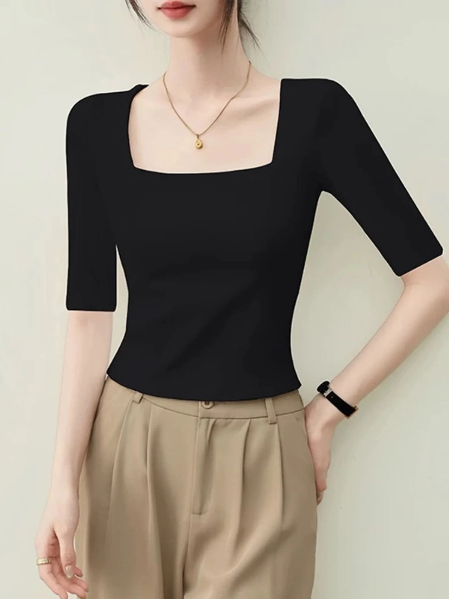 

95 Cotton Square Collar mid Sleeve T Shirt Women Summer Slim Fit Half Sleeve Top Shoulder Width Regular Cotton Polyester Blend