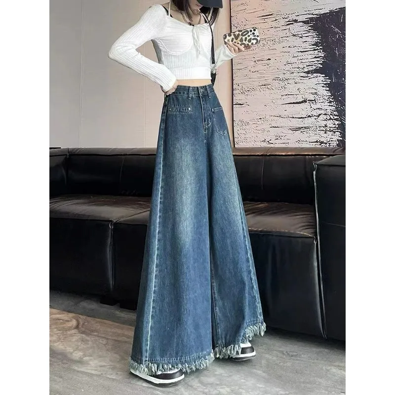 Washed Fringed Wide-leg Jeans for Women New Retro Design High-waisted Loose Design Niche Floor-length Pants Fashionable Simple