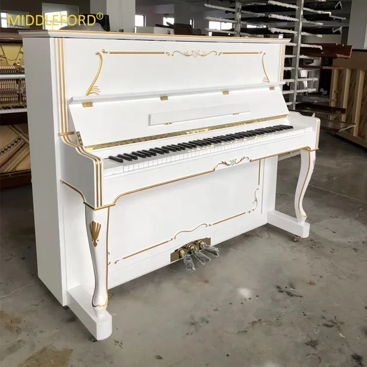 Baroque Style Curved Legs Carved White Glossy Upright Piano With Gold Rim Decors