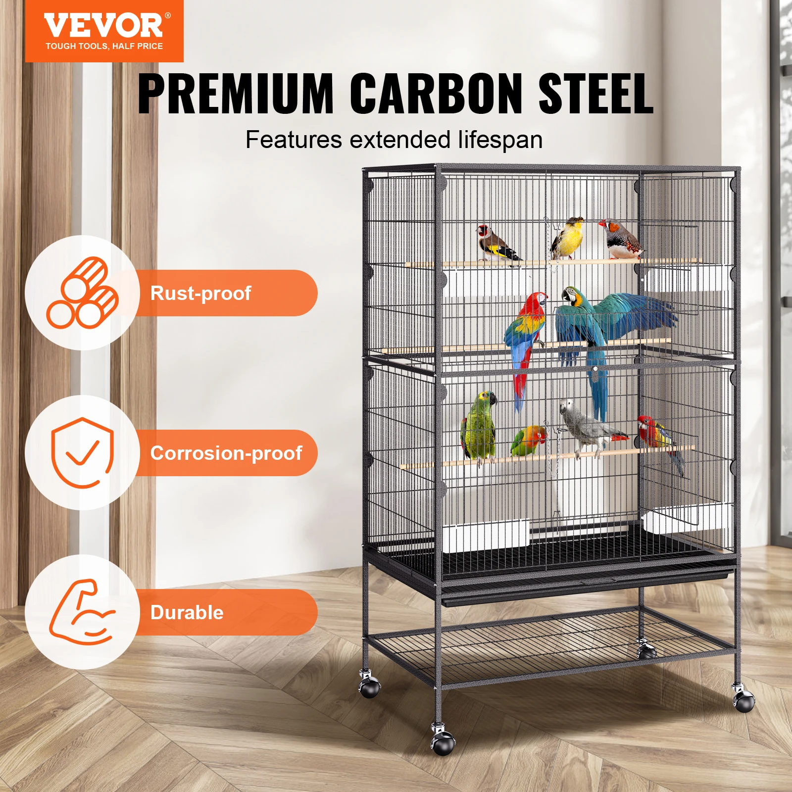 VEVOR 52/54 inch Standing Large Flight Bird Cage Carbon Steel Parakeets Cages with Rolling Stand and Tray for Cockatiels Parrots