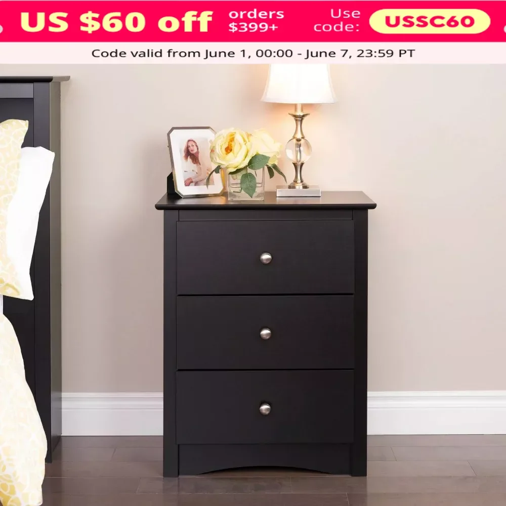 

3 Drawer Nightstand, Black Wooden Bedroom Furniture, Beside Tabie End Tables, Nightstand with 3 Drawers