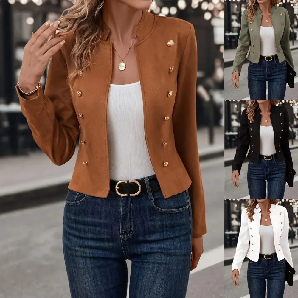 

Suit Coat Solid Color Business Outerwear Women Jacket Stand Collar Long Sleeve Double Breasted Short