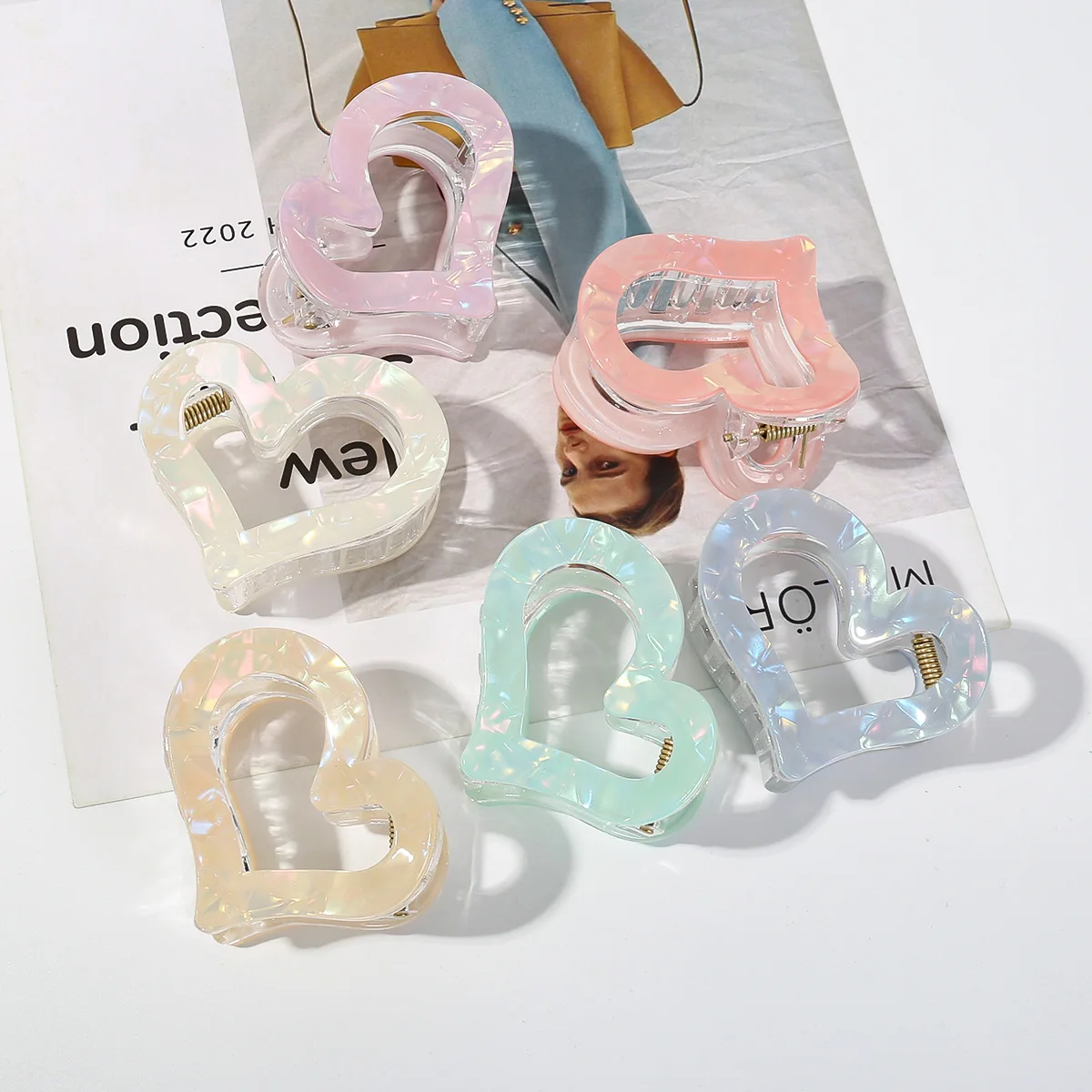 

Faux Acetate Iridescent Heart Shark Claw Clip for Women Half Up High Ponytail Back Head Hair Accessory