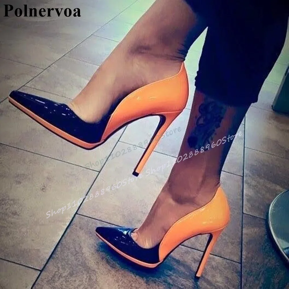 

Mixed Patchwork Patent Leather Shallow Pumps Thin High Heel Women Shoes Slip On Pointed Toe 2025 Fashion Zapatos Para Mujere