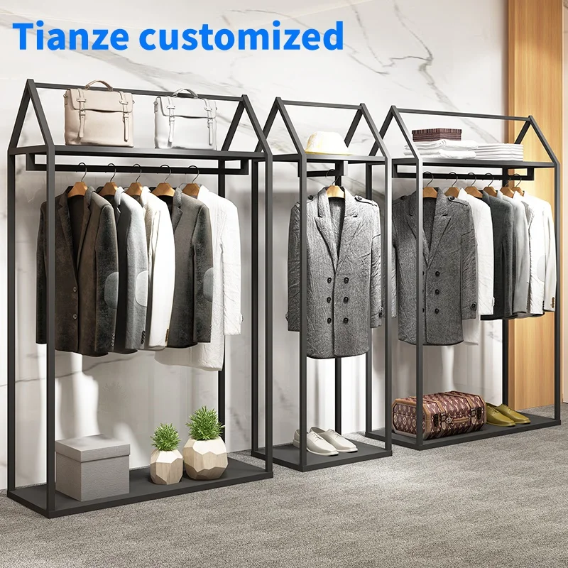 （customized）Luxury Clothes Shop Interior Design   Metal Garment Display Rack with Basement  Racks Clothes Shops