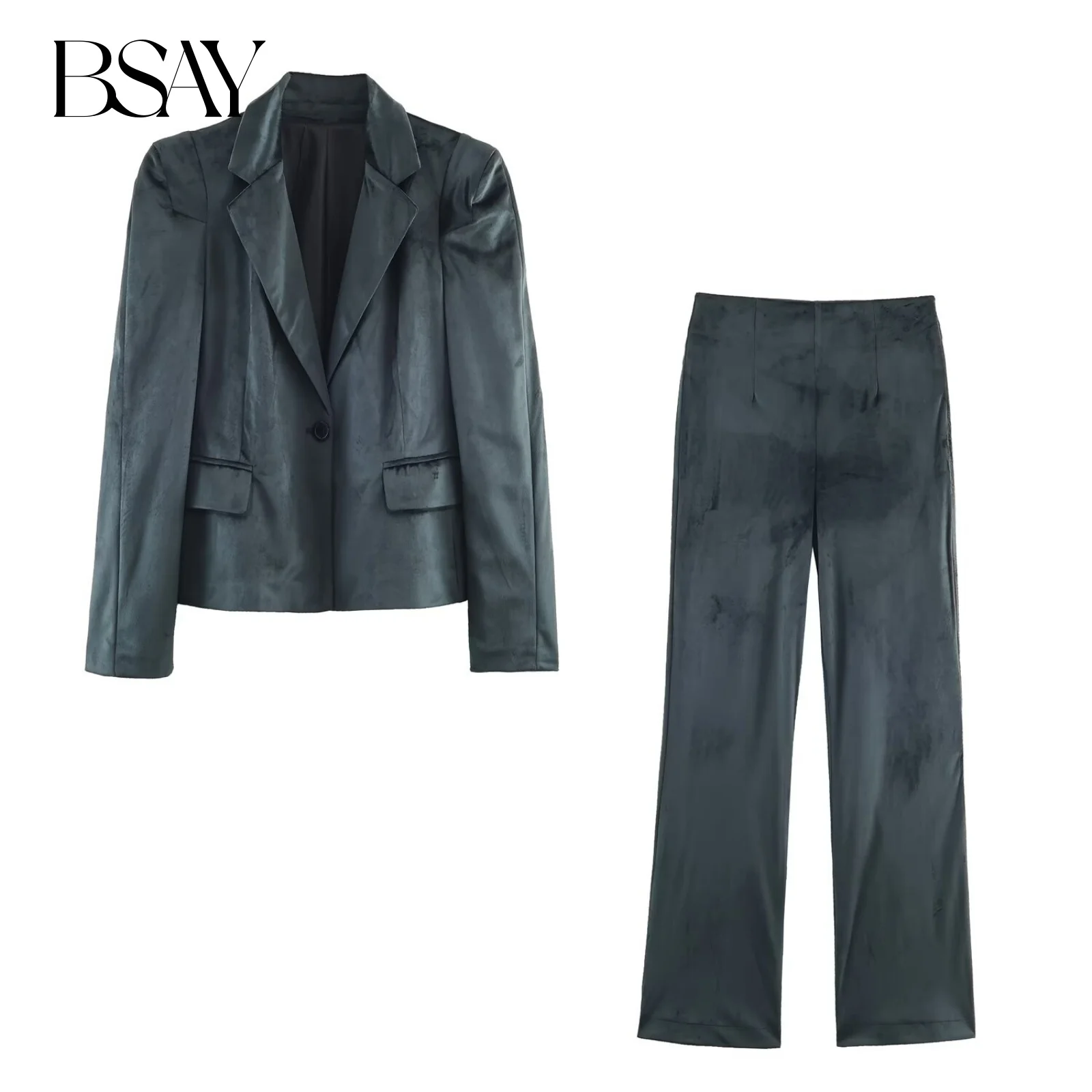 

BSAY Slim Velvet Two-piece Set for Women Fashion Autumn Winter New Long Sleeved Blazers Suit Jacket High Waist Flared Pants