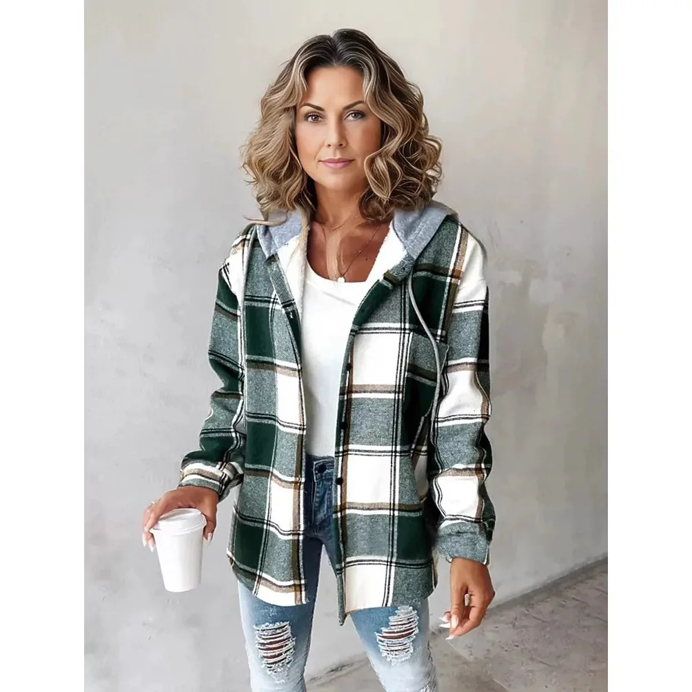 Women's Large Plaid Style Womens Jacket With Hooded Plaid Autumn And Winter Casual Loose Black White Plaid Coat Button Fall Top