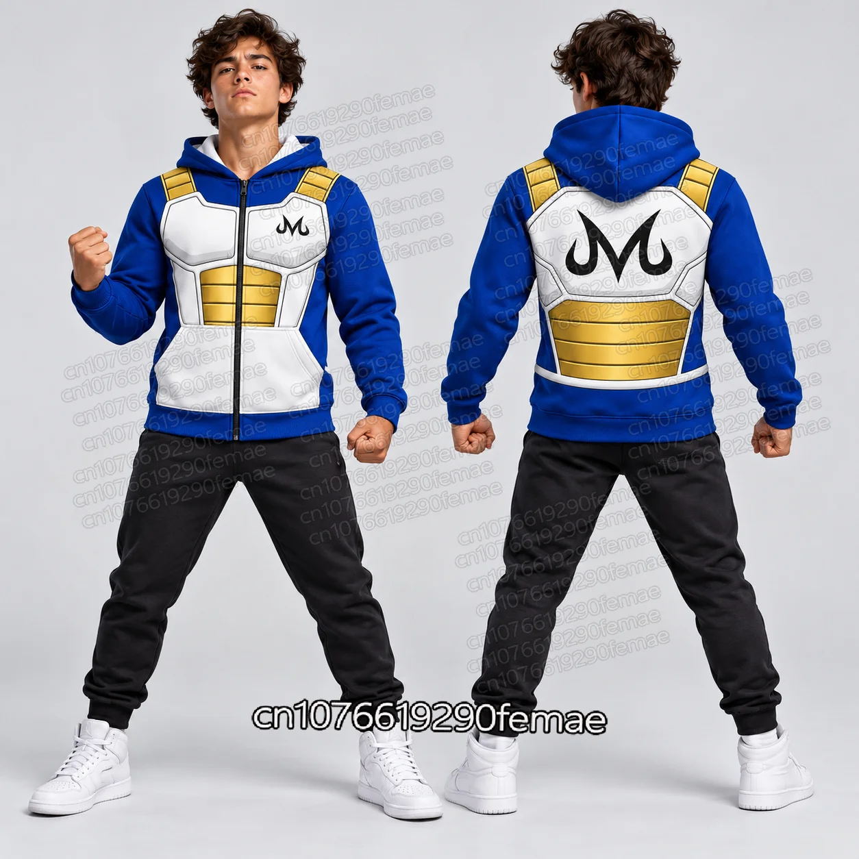 Vegeta Inspired Saiyan Warrior Kids Cosplay Hoodie Blue White Gold Armor Graphic Zip Up Jacket Anime Costume Sweatshirt for Teen