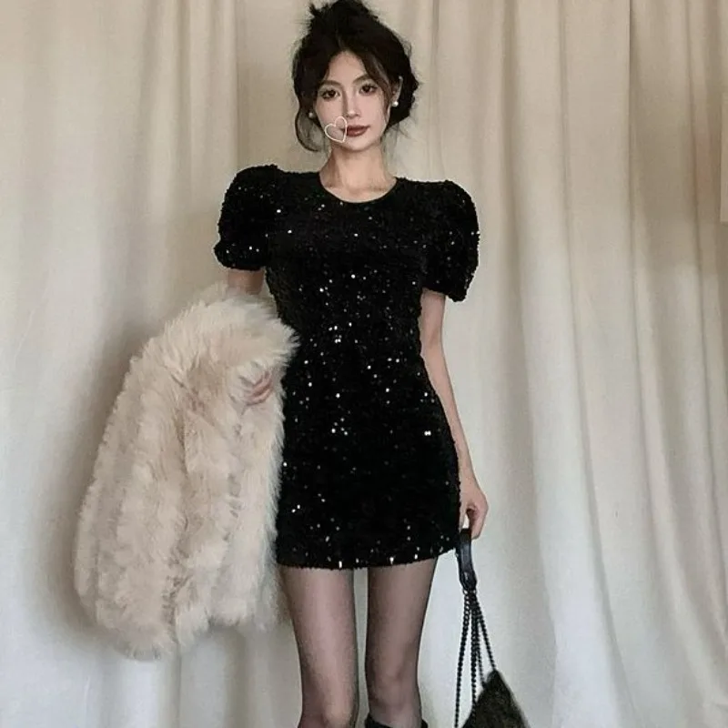 Korean Fashion Retro Sequin Velvet Backless Dress 2024 Women's Summer New Waistband Slim Fit Short Dresses Female Clothing