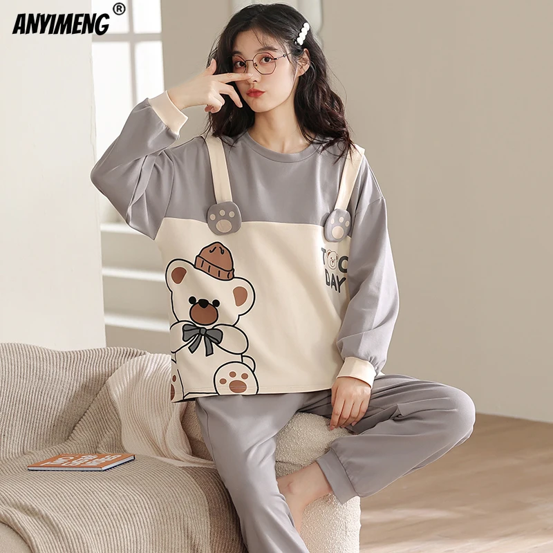 100% Pure Cotton Women Bear Print Pajama Sets Autumn Winter Long Sleeves Pullover Sleepwear Fashion Nightwear Girls Loungewear