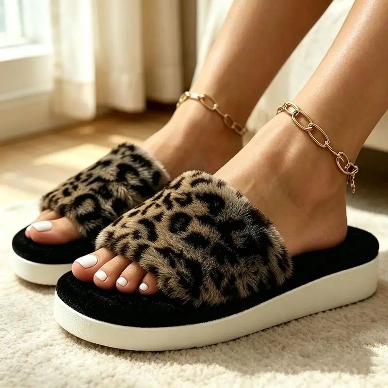 Women Designer Fluffy Fur Leopard Slippers Winter 2026 Lightweight EVA Furry Single Strap Slippers Women Warm Plush Home Slides