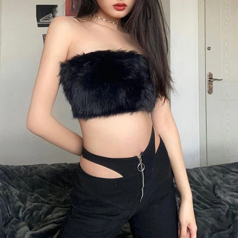 New Women Fuzzy Fur Crop Top Y2K Camisole Vest Sexy Bustier Corset Sleeveless Slim Fit Knit Tank Top for Party Club Daily Wear - view 4