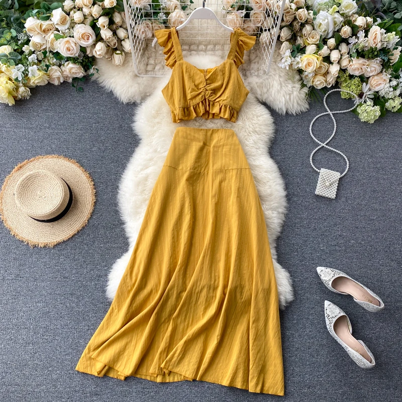 

Fre Vaion Sle Women's Chic Sweet ort Strap Top with Wood ain f Skirt Two-Piece Set Versatile Summer Outfit