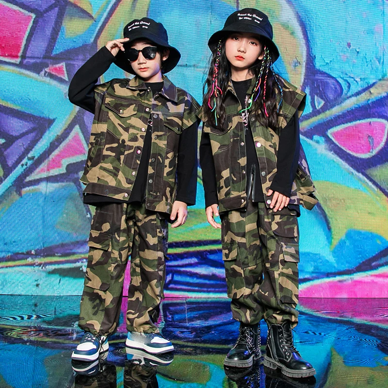 Ropa de Hip-Hop para niños, chaleco de camuflaje, pantalones Cargo, trajes de Hip-Hop Kpop para niñas, ropa de rendimiento de baile de Jazz DN13330