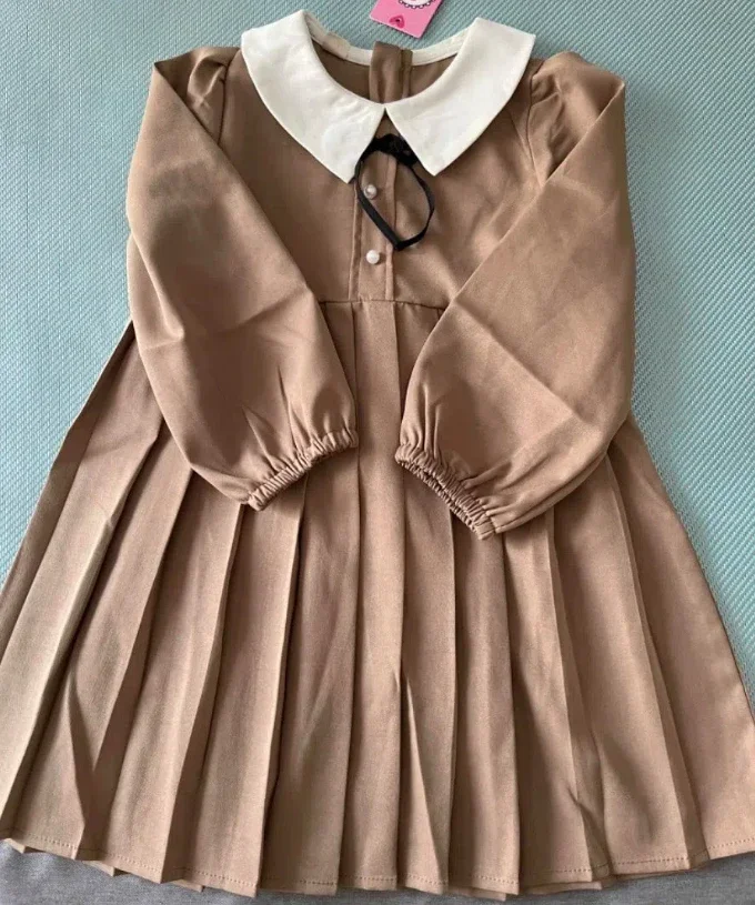 Baby Girls Khaki Pleated Dress Peter Pan Collar Casual Dresses 2024 New Arrival Children Spring Autumn Solid Dress Cute Clothes